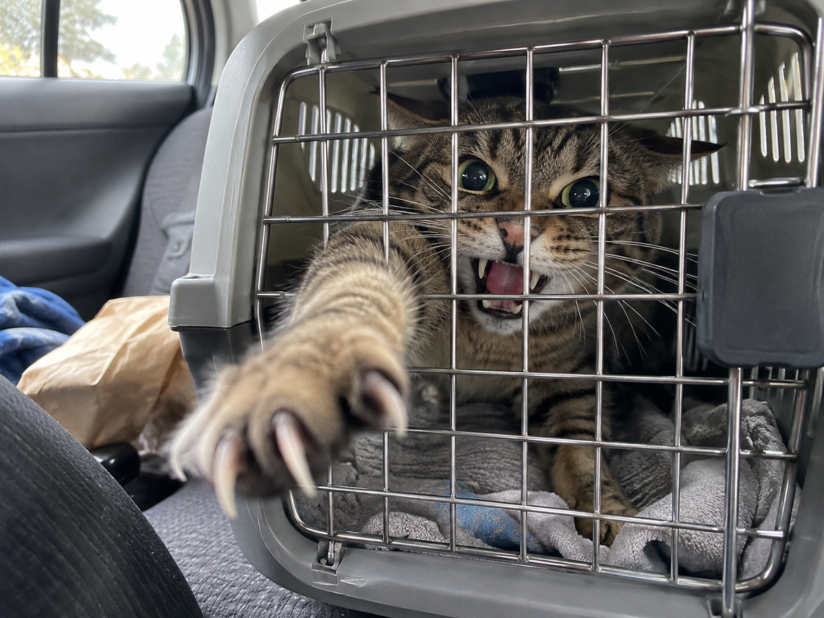A panicked cat in its carrier, swiping a paw through the door