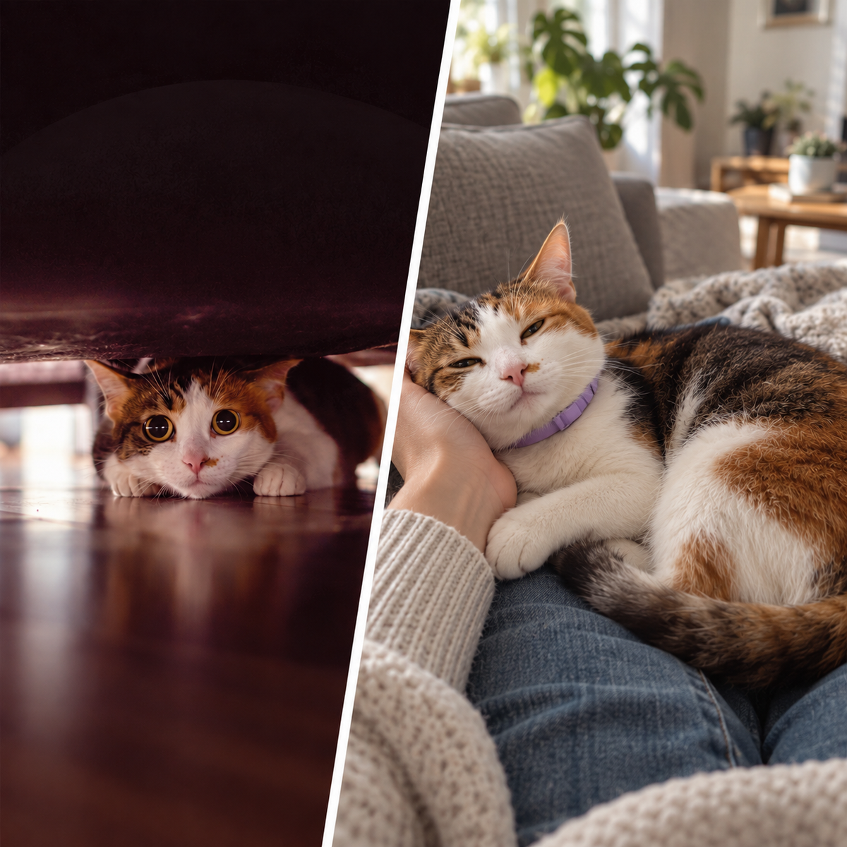 A calm, affectionate cat relaxing at home wearing the Nubello collar
