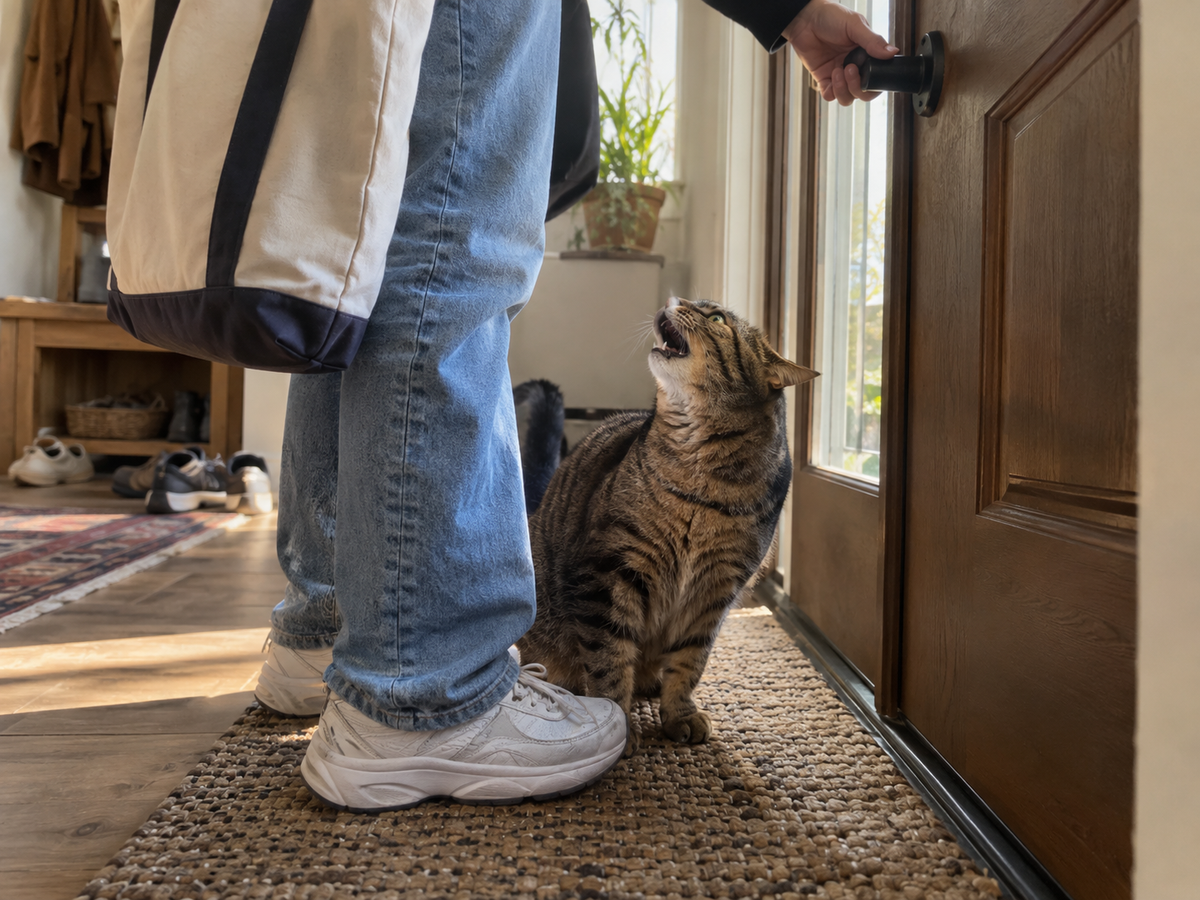 A distressed cat meowing at its owner's feet as they try to leave the house