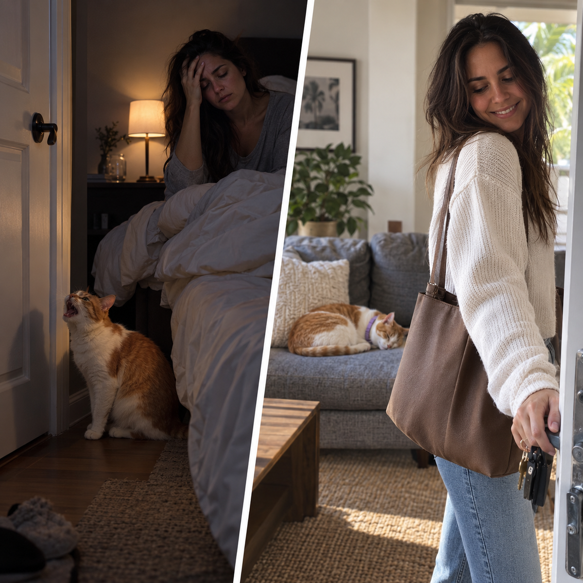 Before: an exhausted owner awake at 3am while her cat yowls. After: the owner heading out while her cat sleeps calmly wearing the Nubello collar
