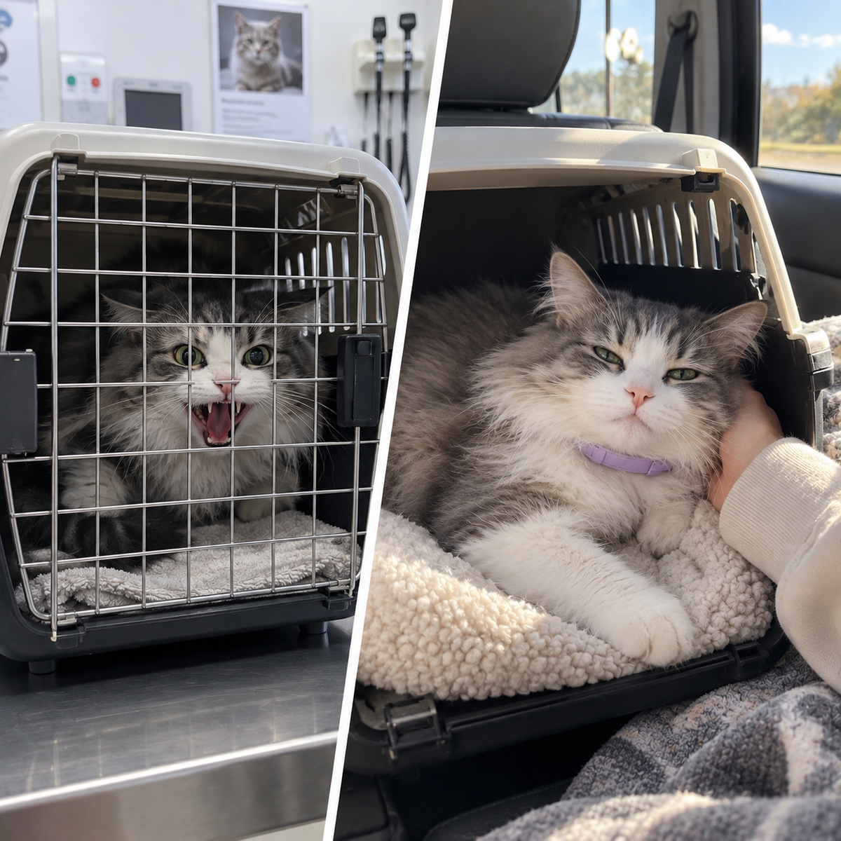 Before: a scared cat in a carrier at the vet. After: the same cat calm in the car wearing the Nubello collar