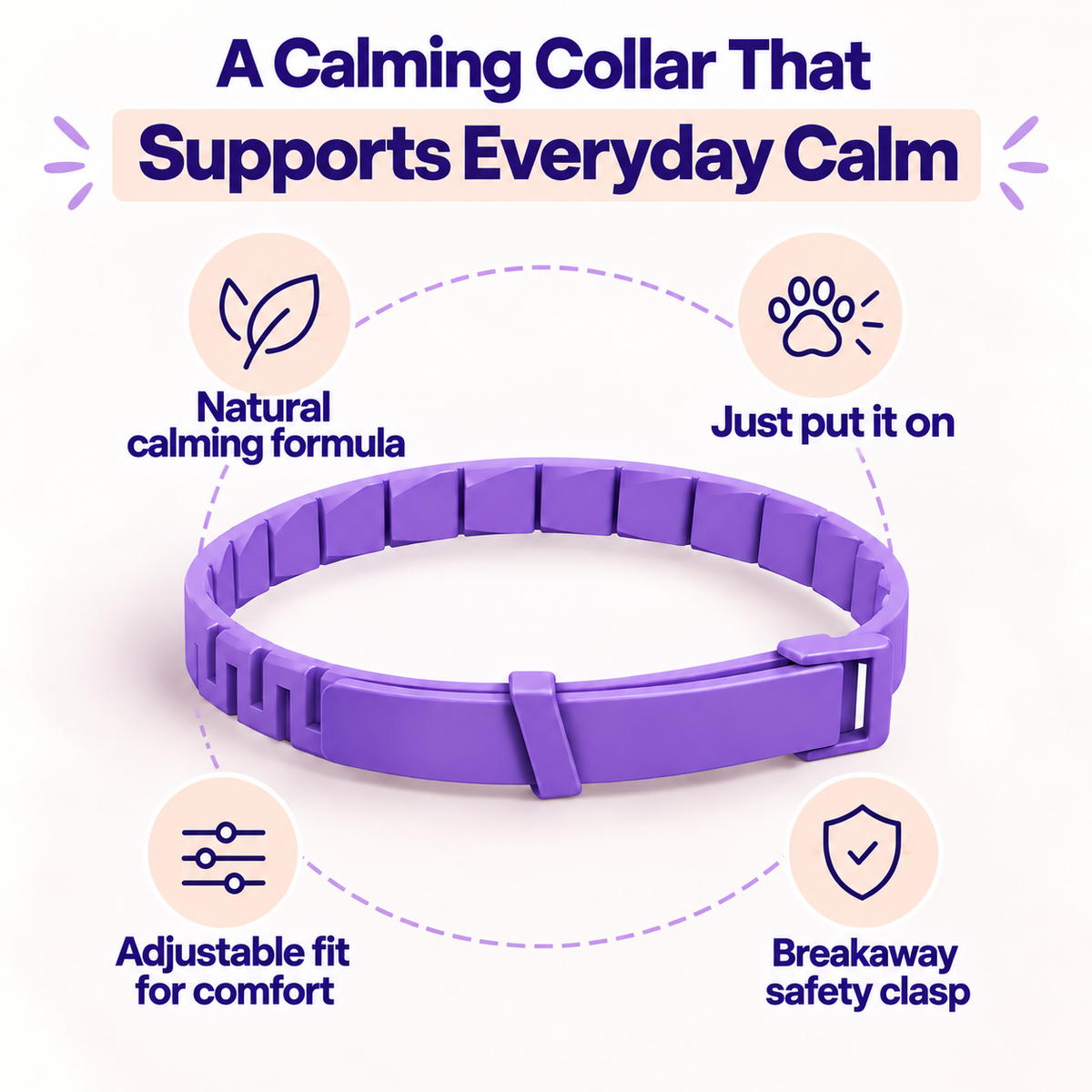 The Nubello calming collar and its features: adjustable fit and breakaway safety clasp