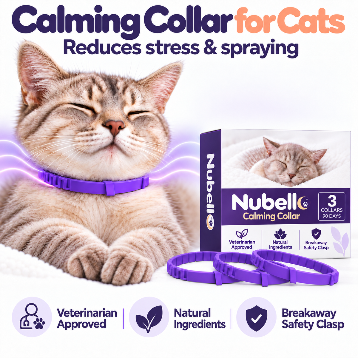 Nubello calming collar for cats: a relaxed tabby wearing the collar next to the 3-collar box